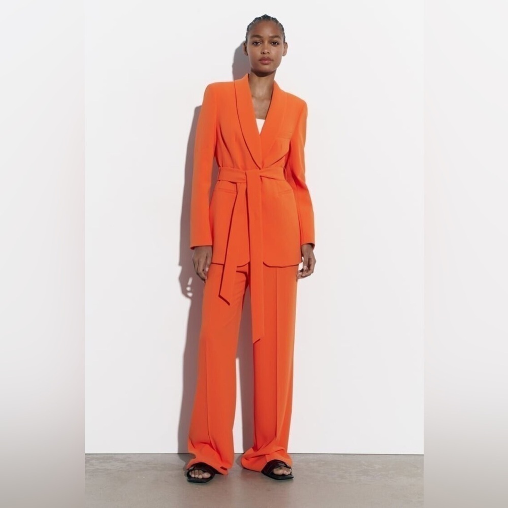 Zara Orange Belted Tuxedo Blazer & Pants Set – Blazer L / Pants XL - Picture 12 of 15